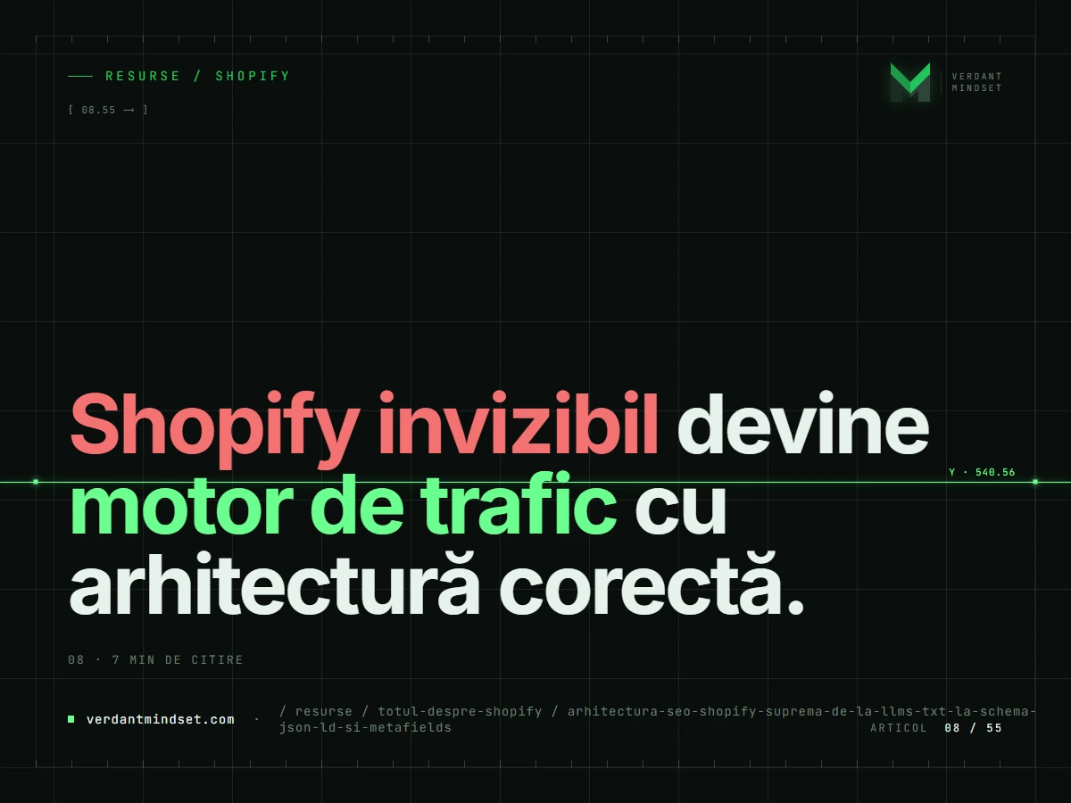 Arhitectura SEO Shopify supremă — de la llms.txt la Schema JSON-LD și Metafields.
