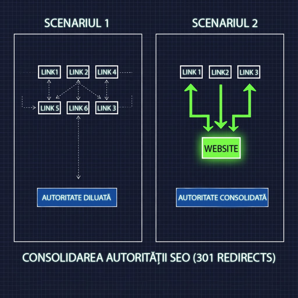 Diagrama consolidării autorității SEO folosind redirecționări 301 de la site-uri satelit la un site mamă.