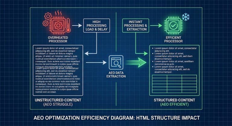 Diagramă comparativă care arată cum structura HTML corectă reduce efortul de procesare pentru Answer Engine Optimization (AEO).