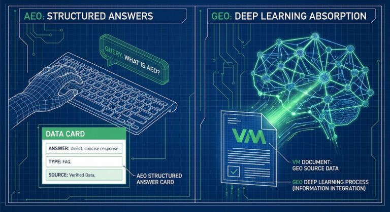 Ilustrație tehnică dintr-un ghid AEO GEO care arată diferența dintre răspunsuri rapide structurate și învățarea profundă pentru AI.