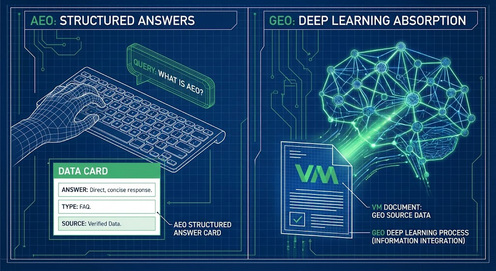 Ilustrație tehnică dintr-un ghid AEO GEO care arată diferența dintre răspunsuri rapide structurate și învățarea profundă pentru AI.