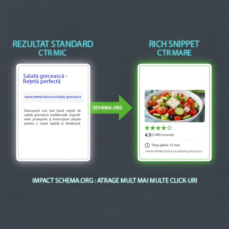 Exemplu de Rich Snippet în Google, activat de Schema Markup, care arată rating-uri cu steluțe și informații suplimentare, demonstrând o rată de click (CTR) mai mare.
