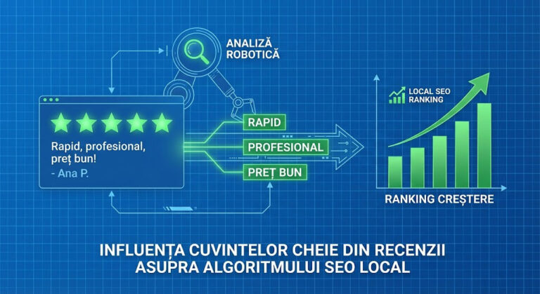 Diagramă care explică modul în care cuvintele cheie din recenziile clienților influențează algoritmul de ranking SEO local.