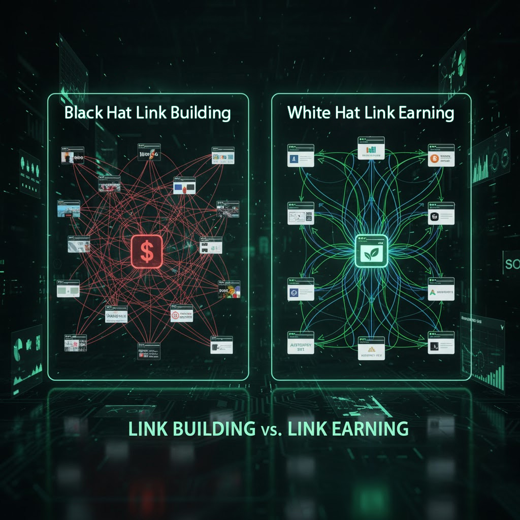 Diferența dintre link building "black hat", o mână care dă bani, și link earning "white hat", un magnet care atrage link-uri.