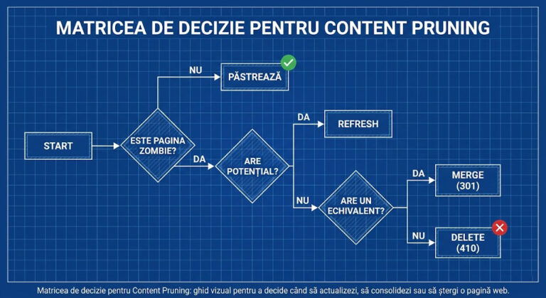 Matricea de decizie pentru Content Pruning: ghid vizual pentru a decide când să actualizezi, să consolidezi sau să ștergi o pagină web.