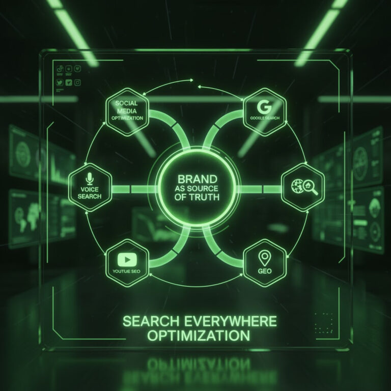Diagrama "Search Everywhere Optimization": Brandul ca sursă de adevăr pentru Google, AEO, GEO, YouTube, Voice și Social.