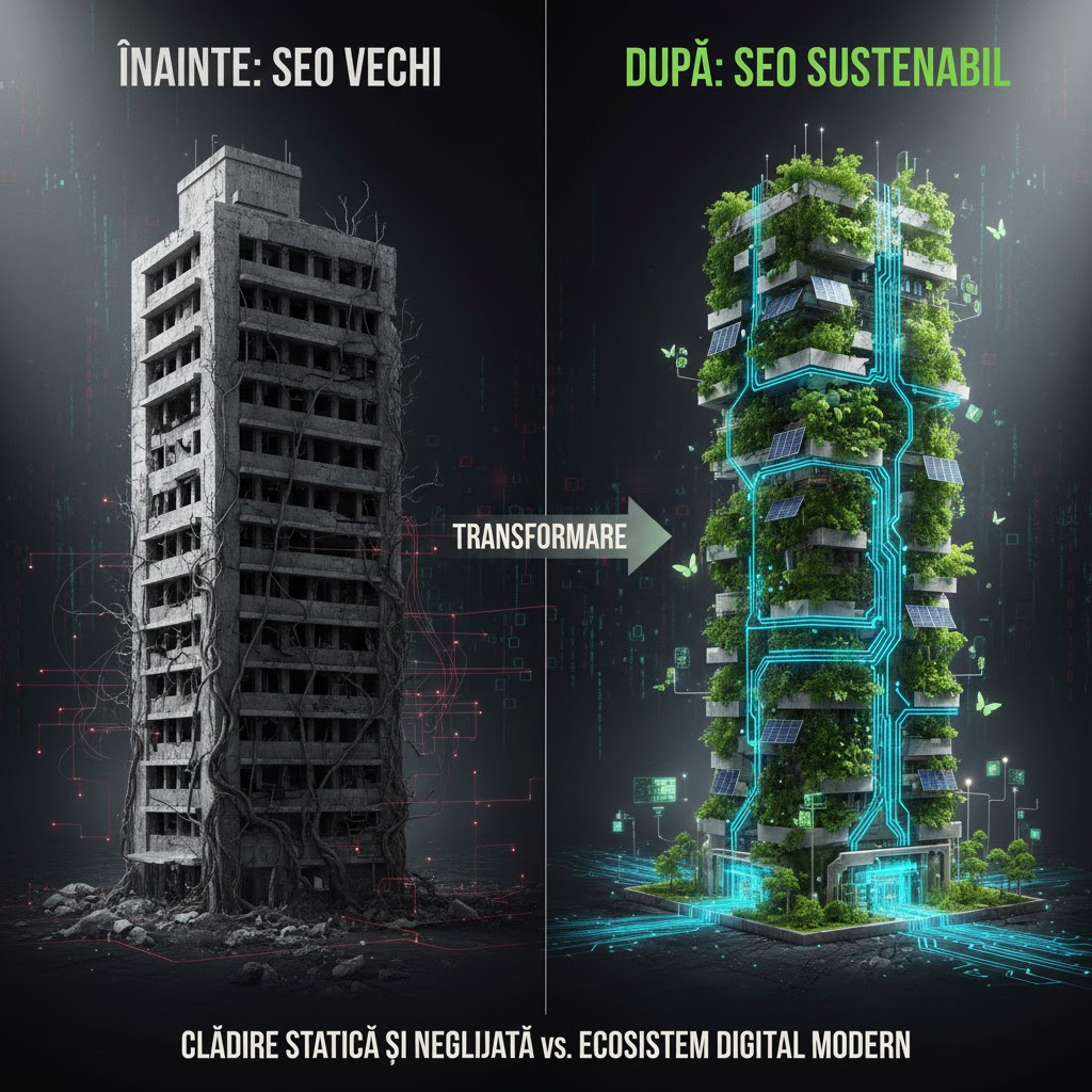 Comparație vizuală între SEO vechi, o clădire statică, și SEO Sustenabil, un ecosistem digital (grădină) viu.