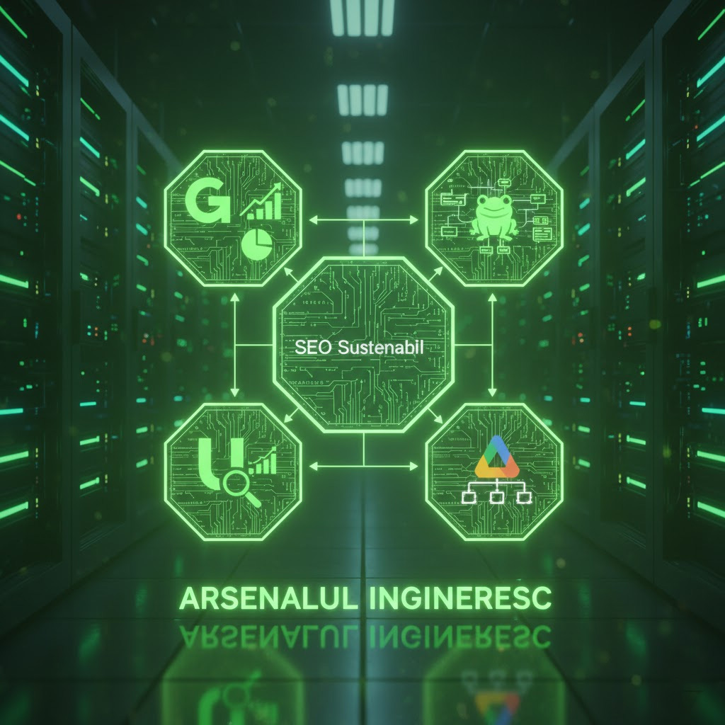 Colaj cu logo-urile uneltelor din arsenalul ingineresc SEO: Google Search Console, Ahrefs, Screaming Frog și Google Analytics 4.