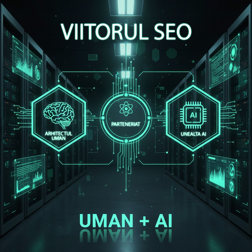 Viitorul SEO: parteneriatul dintre un creier uman (Arhitectul) și un cip AI (Unealta) care lucrează împreună.