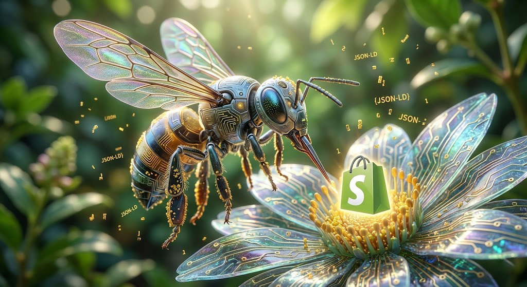 Metaforă vizuală pentru Agentic Commerce: un agent AI (albina) colectând date structurate (polen) dintr-un ecosistem Shopify.