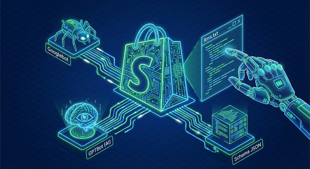 Ilustrație tehnică reprezentând o arhitectura SEO Shopify optimizată pentru Googlebot și AI Overviews.