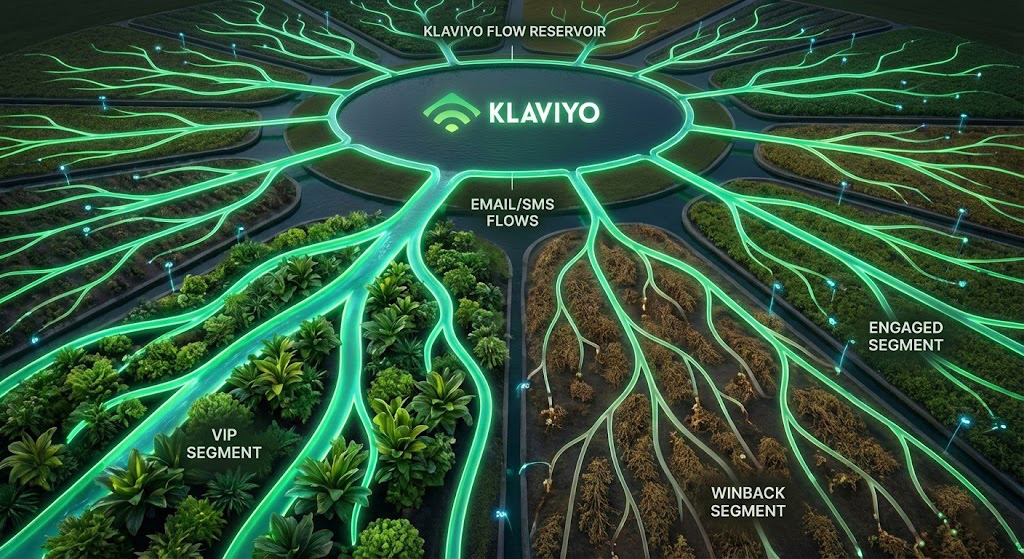 Reprezentarea vizuală a fluxurilor de automatizare Klaviyo ca un sistem de irigații inteligent care hrănește segmente specifice de clienți.