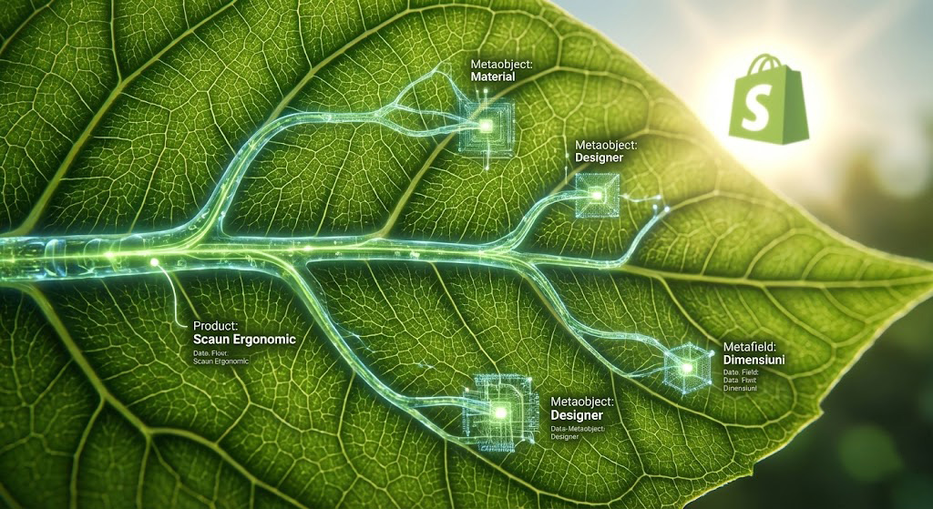 Structura de date Shopify (Metaobjects și Metafields) reprezentată ca nervurile unei frunze, arătând interconectarea informațiilor.