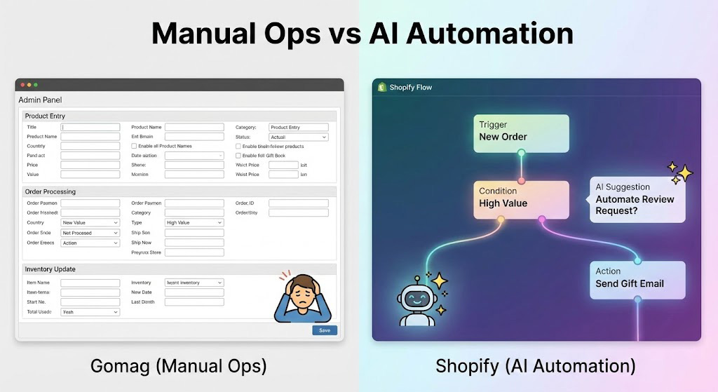 Diferența dintre operarea manuală și automatizarea AI în comparația Shopify vs Gomag.