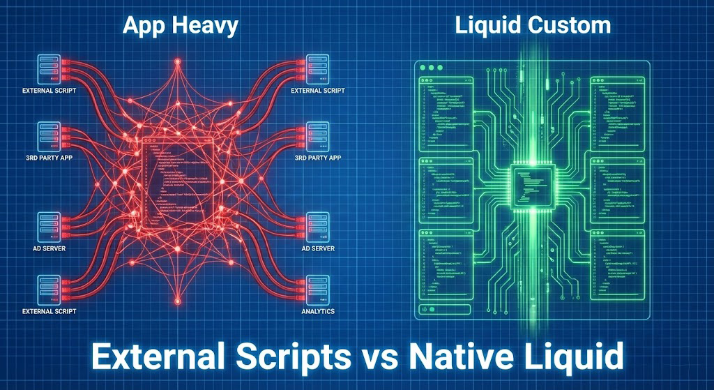 Comparație vizuală între structura haotică a aplicațiilor și structura curată a codului Liquid pentru optimizare viteză Shopify.