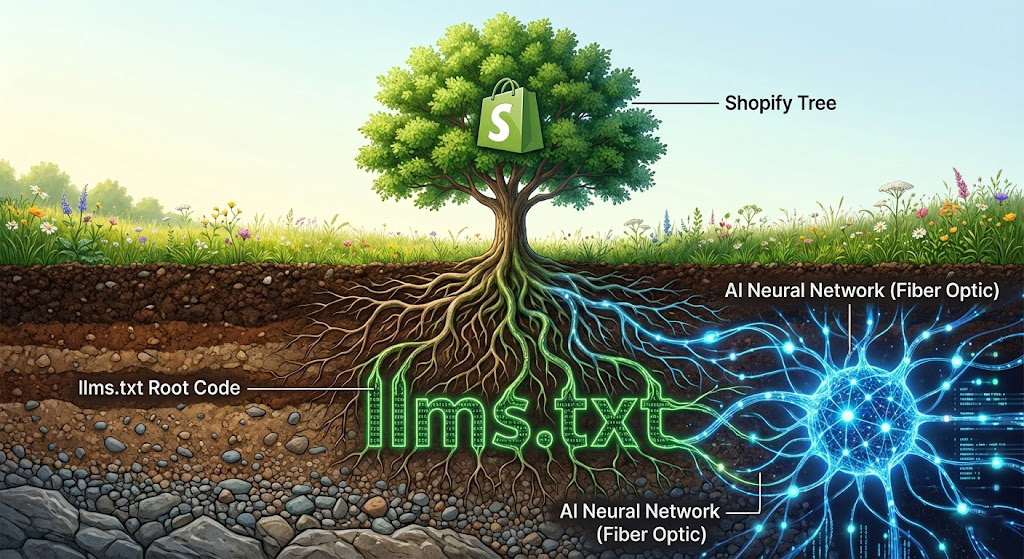 Reprezentarea fișierului llms.txt ca sistemul de rădăcini al unui ecosistem Shopify, care comunică cu rețelele AI subterane.