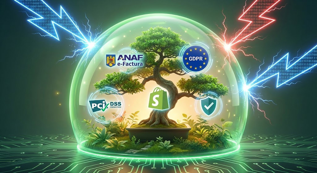 Ilustrarea securității și conformității legale (ANAF, GDPR) oferite de ecosistemul Shopify, protejând afacerea de riscuri externe.