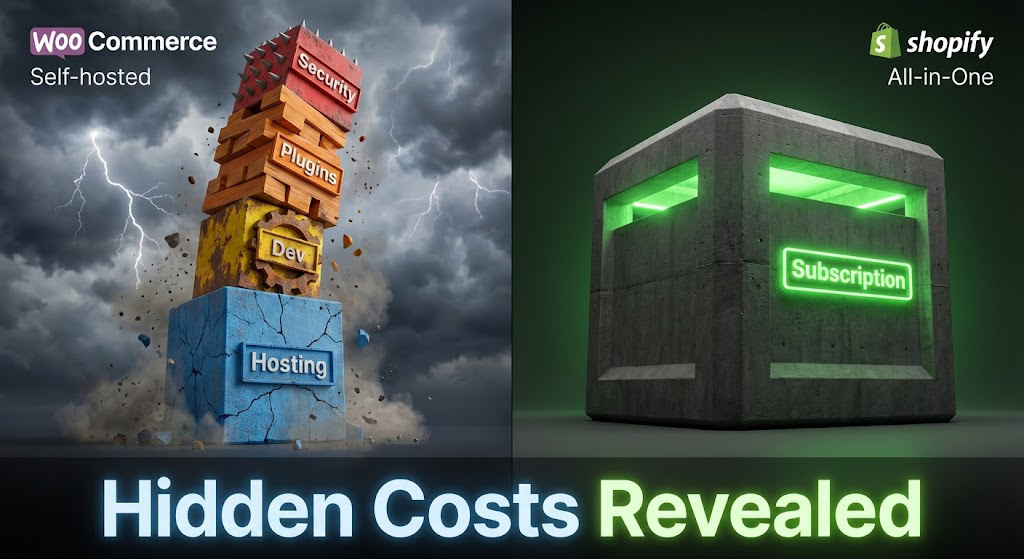 Grafic al costurilor ascunse în comparația TCO Shopify vs WooCommerce.