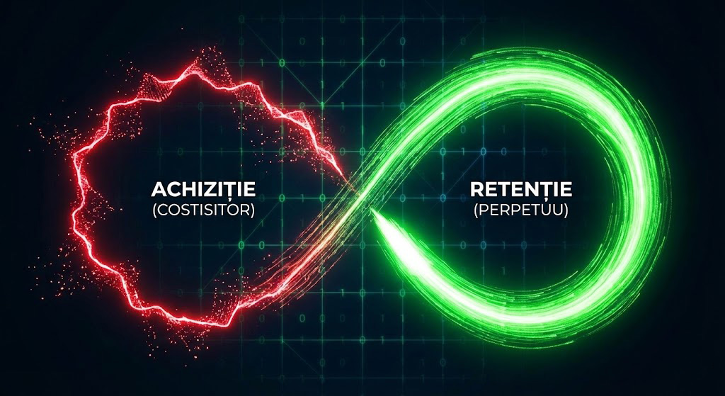 Reprezentarea ciclului de viață al clientului, unde Analiza de Cohorte Shopify transformă achiziția scumpă în retenție profitabilă.