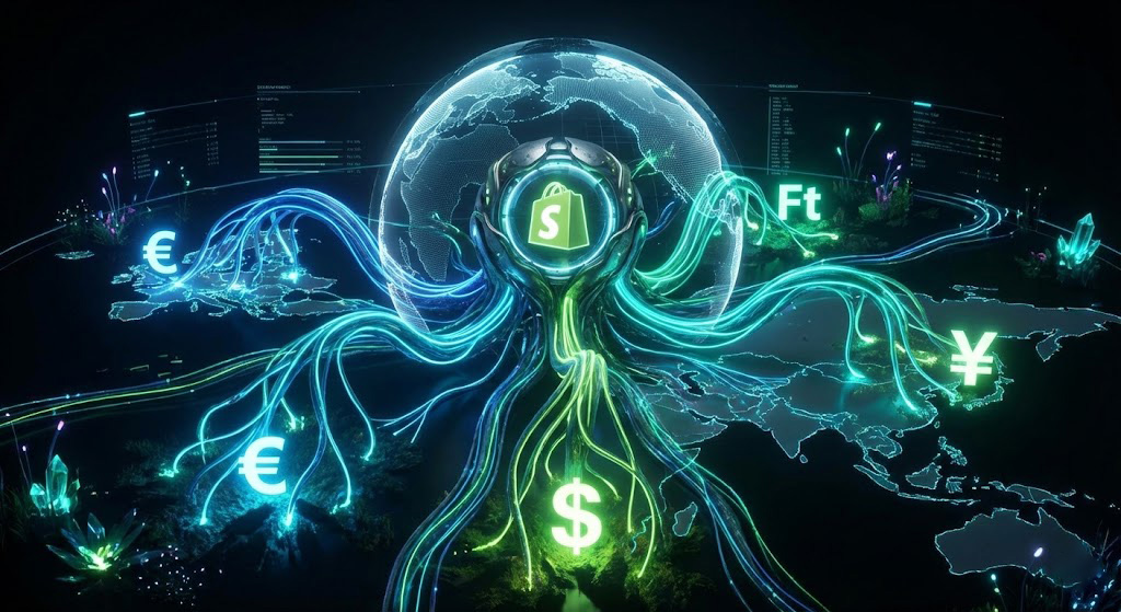 Reprezentare vizuală a arhitecturii Shopify Markets, ilustrând un nucleu central care își extinde rădăcinile digitale globale către diferite continente, adaptându-se automat la monedele locale (€, $, Ft) și piețele internaționale.