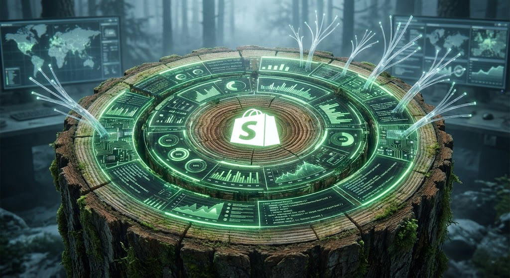 Dashboard-ul Shopify Analytics reprezentat ca inelele de creștere ale unui copac, simbolizând profitabilitatea reală.