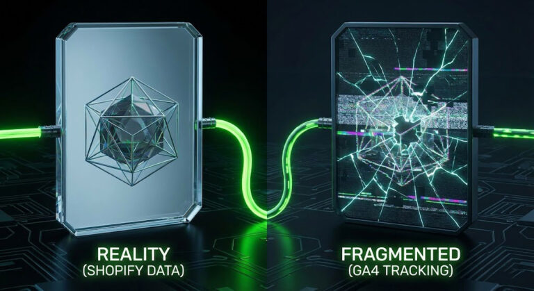 Comparație vizuală între datele solide din Shopify și datele fragmentate din Google Analytics 4.