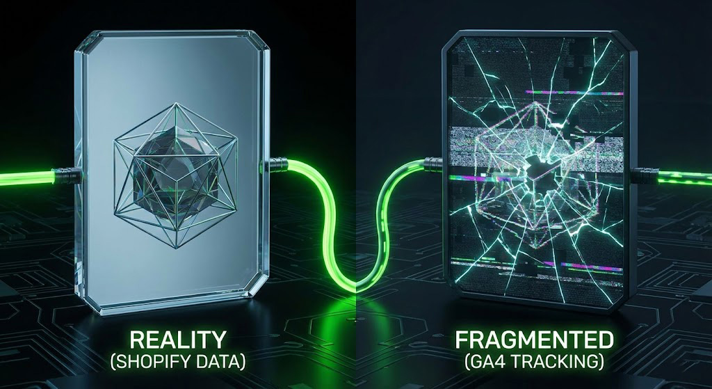 Comparație vizuală între datele solide din Shopify și datele fragmentate din Google Analytics 4.