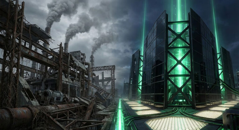 Comparație vizuală între un site construit haotic (stânga) și o infrastructură digitală sustenabilă (dreapta).