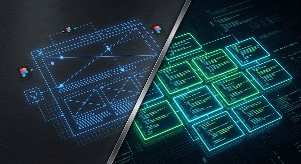 Reprezentare conceptuală a transformării unui prototip Figma în cod curat Webflow.