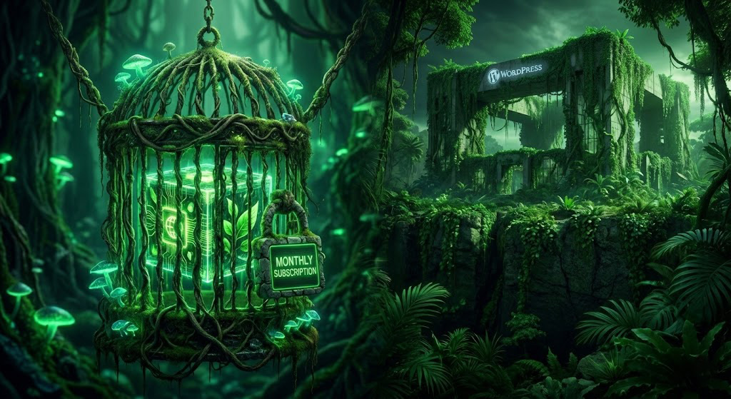 Comparație între platformele SaaS (colivie aurie cu abonament) și WordPress (fortăreață proprietară).