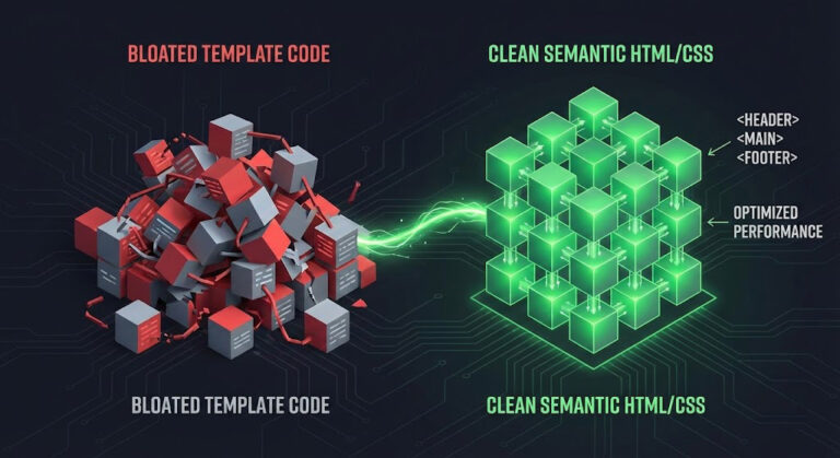 Comparație tehnică între un cod umflat de template și o structură semantică HTML curată generată prin procesul Figma to Webflow.