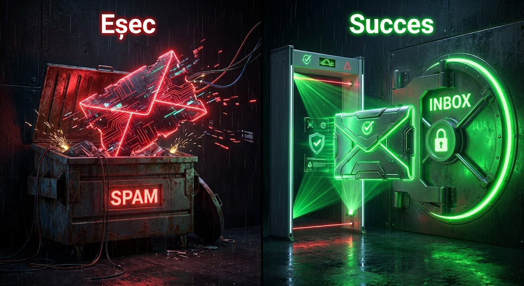 Diferența dintre un email trimis prin PHP Mail (Spam) și unul securizat prin SMTP (Inbox).
