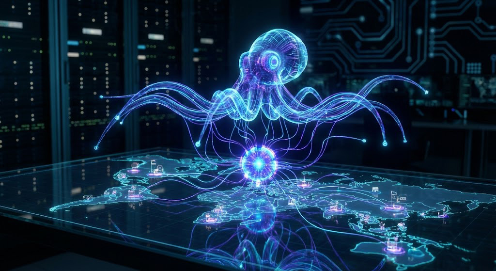 Reprezentare vizuală pentru o strategie conținut SEO de tip Caracatiță (Pilon și Clustere).