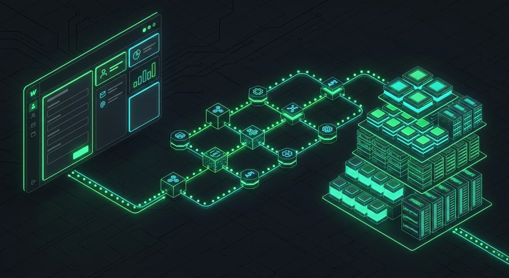Diagramă tehnică ce ilustrează fluxul de date de la interfața Webflow către un CRM, orchestrat prin n8n.