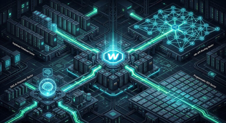 Diagramă arhitecturală completă a unui ecosistem SaaS construit în jurul platformei Webflow, integrând automatizări și baze de date externe.