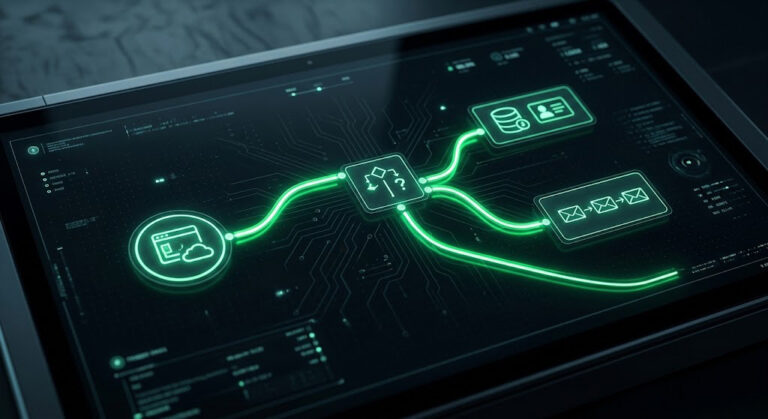 Schemă logică a unui workflow n8n care rutează datele din Webflow către un CRM.