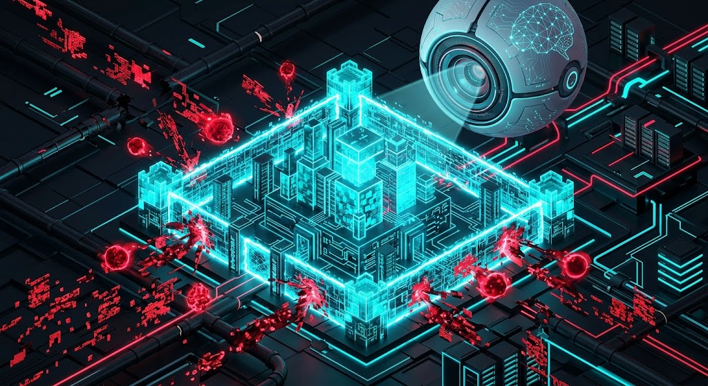 Diagramă arhitecturală reprezentând sistemul Google SearchBrain eliminând pachetele de date spam și protejând ecosistemele digitale optimizate în timpul update-ului din martie 2026.