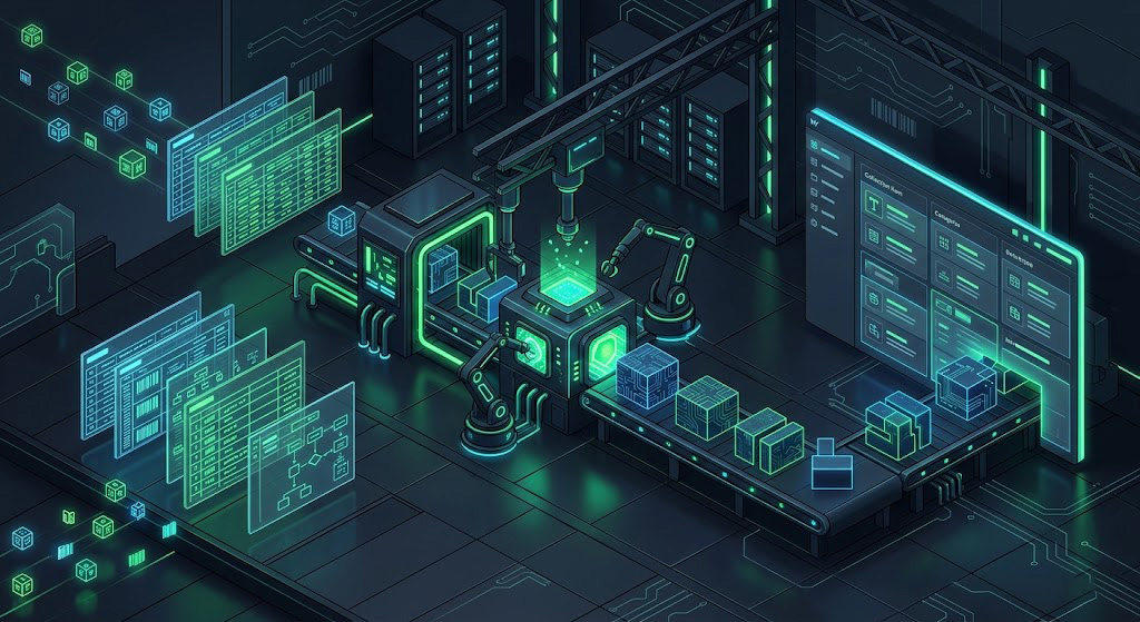 Reprezentare tehnică a unui flux de SEO programatic integrat direct în CMS-ul Webflow.