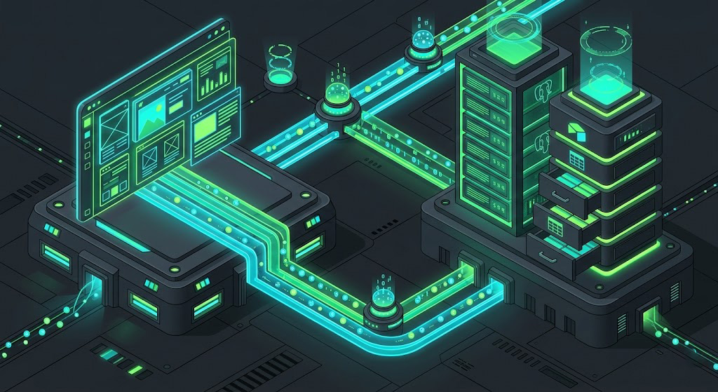 Reprezentare tehnică a arhitecturii Webflow headless conectată la baze de date externe precum Supabase și Airtable.