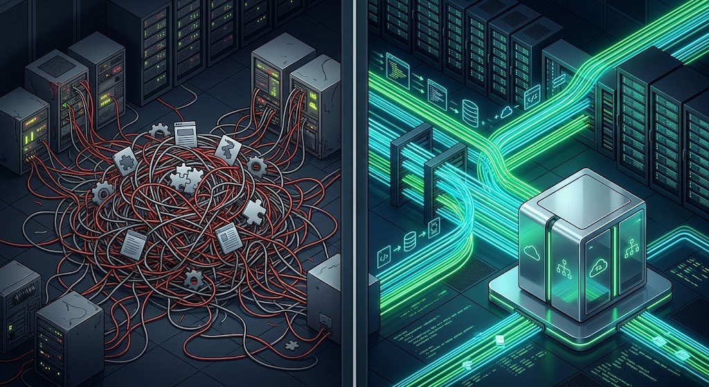Comparație între un cod umflat și arhitectura curată generată de motorul de randare Webflow pe AWS.