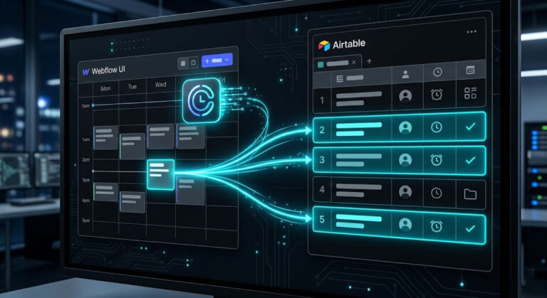 Sincronizare în timp real între interfața Webflow, modulul de programări Calendly și baza de date Airtable.
