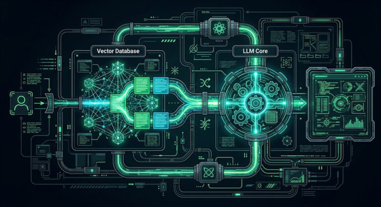 Schema logică a procesului Retrieval-Augmented Generation (RAG) prin care o interogare extrage date dintr-o bază vectorială.