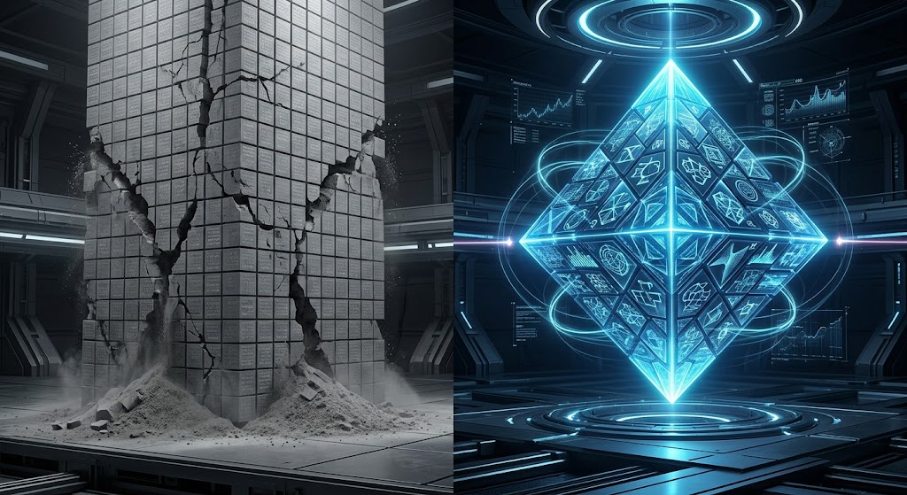 Comparație vizuală între decăderea structurală a unui conținut generat de AI și soliditatea unei arhitecturi bazate pe câștig informațional (Information Gain).