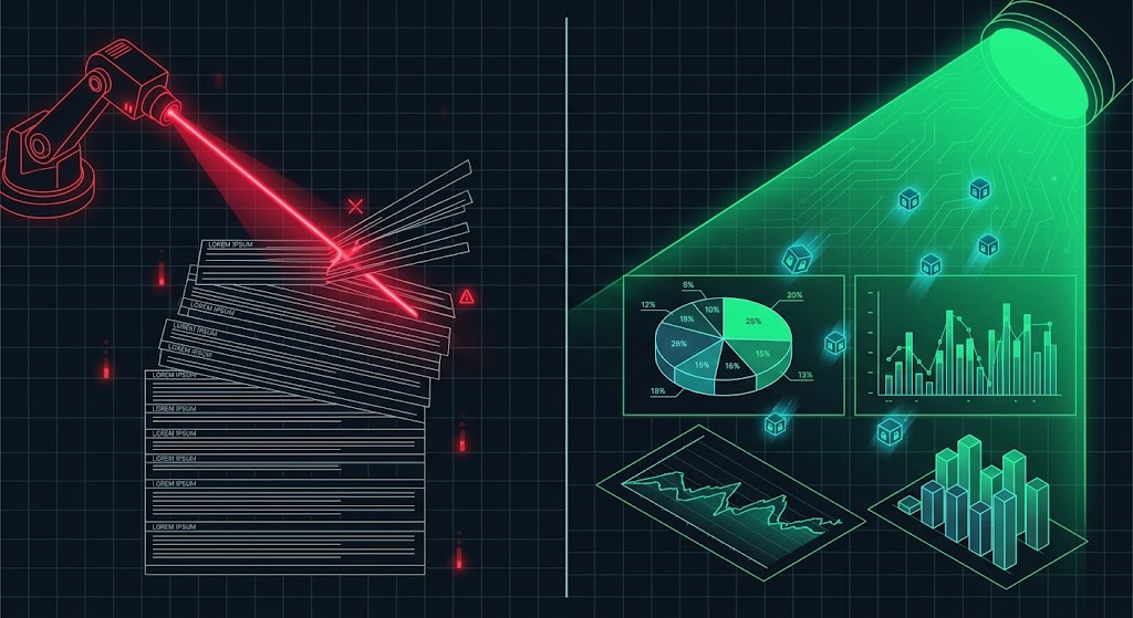 Comparație vizuală între un text nestructurat respins de un model LLM și o arhitectură de date impecabilă absorbită nativ de un motor generativ.
